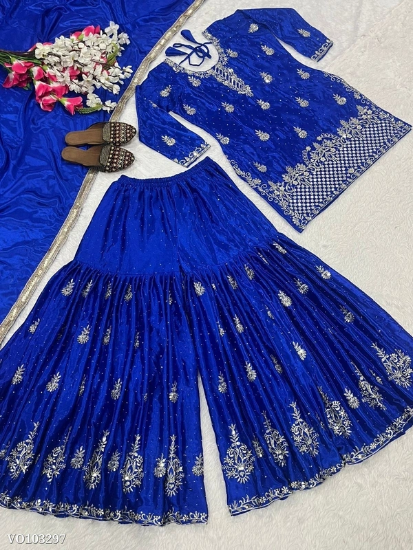 Azorte Fashion N Designer Chinon Silk Sharara Suit Set with 5mm Sequin Embroidery – Fully Stitched - Blue, M 38