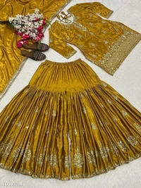 Azorte Fashion N Designer Chinon Silk Sharara Suit Set with 5mm Sequin Embroidery – Fully Stitched - Selective Yellow, M 38