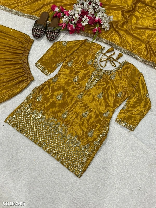 Azorte Fashion N Designer Chinon Silk Sharara Suit Set with 5mm Sequin Embroidery – Fully Stitched - Selective Yellow, M 38