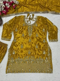 Azorte Fashion N Designer Chinon Silk Sharara Suit Set with 5mm Sequin Embroidery – Fully Stitched - Selective Yellow, M 38