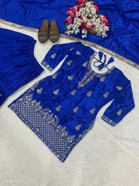 Azorte Fashion N Designer Chinon Silk Sharara Suit Set with 5mm Sequin Embroidery – Fully Stitched - Blue, M 38