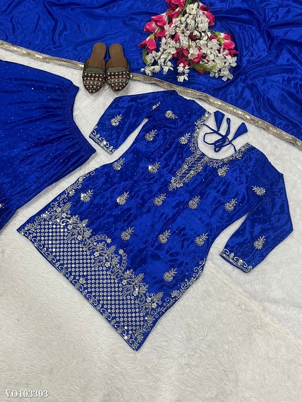 Azorte Fashion N Designer Chinon Silk Sharara Suit Set with 5mm Sequin Embroidery – Fully Stitched - Blue, M 38