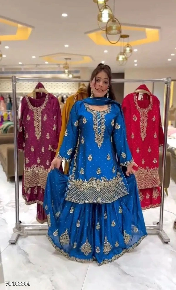 Azorte Fashion N Designer Chinon Silk Sharara Suit Set with 5mm Sequin Embroidery – Fully Stitched - Blue, M 38
