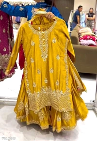 Azorte Fashion N Designer Chinon Silk Sharara Suit Set with 5mm Sequin Embroidery – Fully Stitched - Selective Yellow, M 38