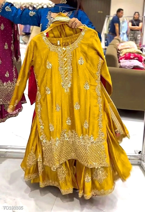 Azorte Fashion N Designer Chinon Silk Sharara Suit Set with 5mm Sequin Embroidery – Fully Stitched - Selective Yellow, M 38