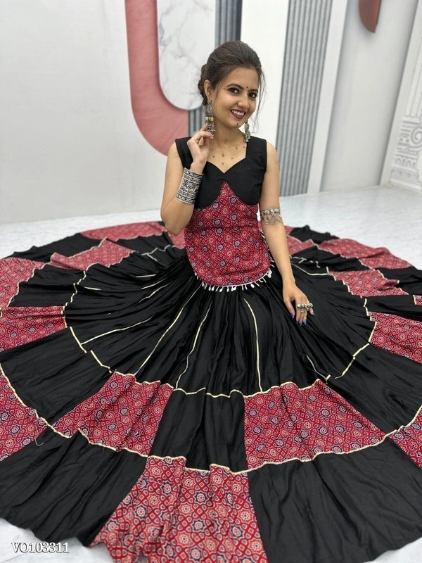 Azorte Fashion N Navratri Special 6 Meter Ajarakh Print Cotton Lehenga Choli – Fully Stitched | Real Modeling - XXL 44