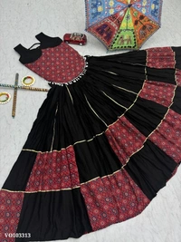 Azorte Fashion N Navratri Special 6 Meter Ajarakh Print Cotton Lehenga Choli – Fully Stitched | Real Modeling - XXL 44