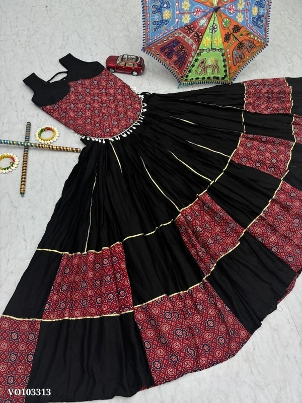 Azorte Fashion N Navratri Special 6 Meter Ajarakh Print Cotton Lehenga Choli – Fully Stitched | Real Modeling - XXL 44