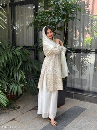 Azorte Fashion N Pure Chinon Silk Embroidered Suit Set with Palazzo & Fancy Lace Dupatta – Fully Stitched (M to XXL) | Azorte Fashion | Made in India - XL 42