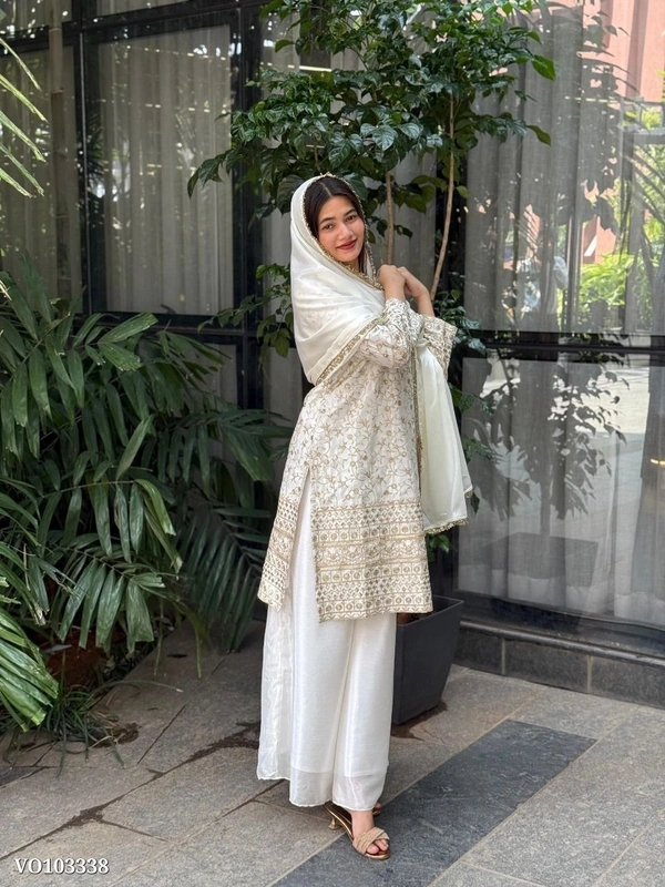 Azorte Fashion N Pure Chinon Silk Embroidered Suit Set with Palazzo & Fancy Lace Dupatta – Fully Stitched (M to XXL) | Azorte Fashion | Made in India - XL 42