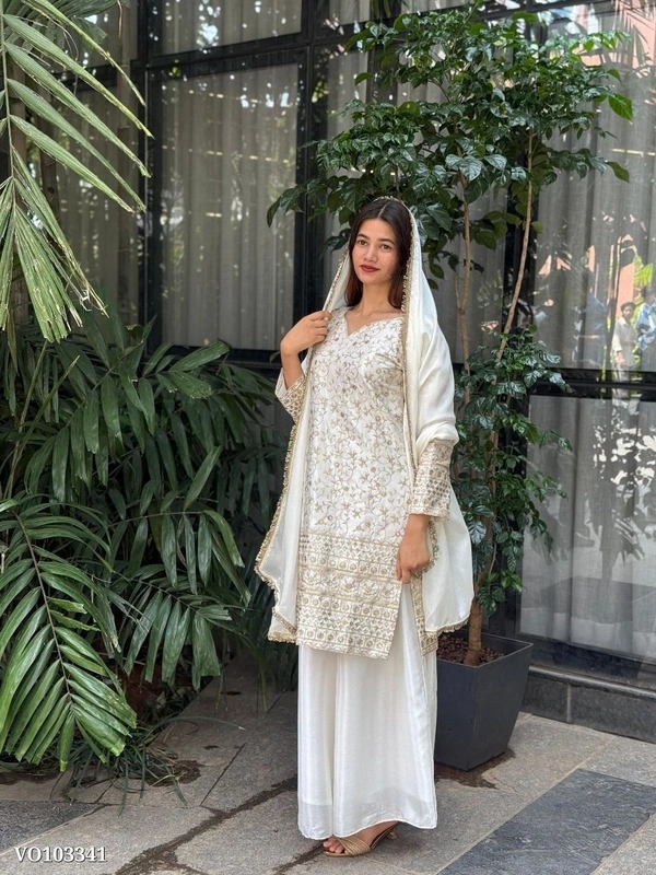 Pure Chinon Silk Embroidered Suit Set with Palazzo & Fancy Lace Dupatta – Fully Stitched (M to XXL) | Azorte Fashion | Made in India