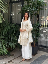 Azorte Fashion N Pure Chinon Silk Embroidered Suit Set with Palazzo & Fancy Lace Dupatta – Fully Stitched (M to XXL) | Azorte Fashion | Made in India - XL 42