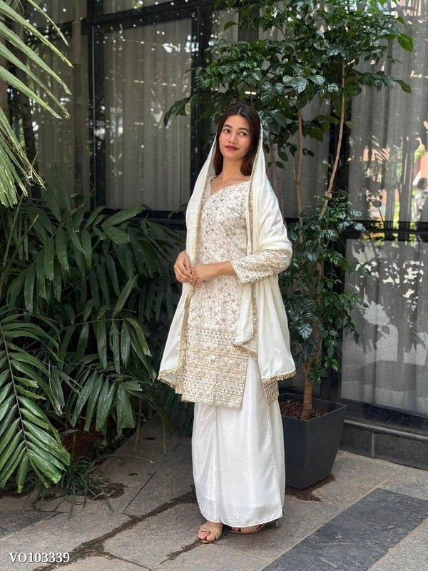 Azorte Fashion N Pure Chinon Silk Embroidered Suit Set with Palazzo & Fancy Lace Dupatta – Fully Stitched (M to XXL) | Azorte Fashion | Made in India - XL 42