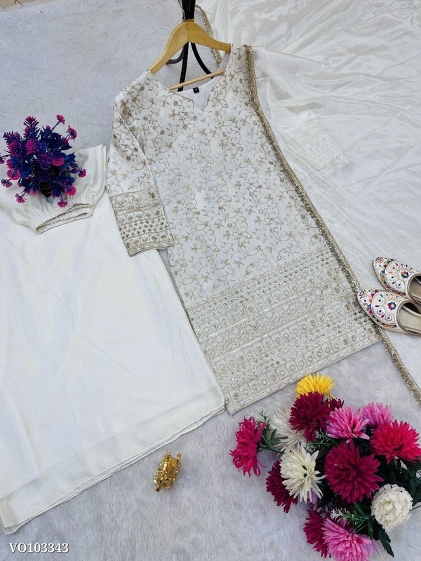 Azorte Fashion N Pure Chinon Silk Embroidered Suit Set with Palazzo & Fancy Lace Dupatta – Fully Stitched (M to XXL) | Azorte Fashion | Made in India - XL 42