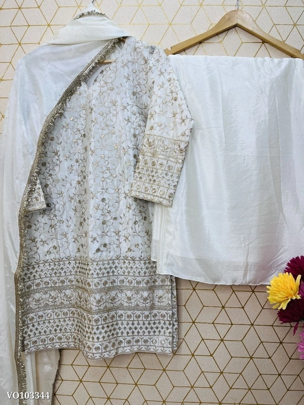 Azorte Fashion N Pure Chinon Silk Embroidered Suit Set with Palazzo & Fancy Lace Dupatta – Fully Stitched (M to XXL) | Azorte Fashion | Made in India - XL 42