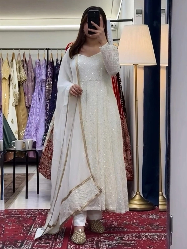  Premium Embroidered Faux Blooming Gown Set with Heavy 5mm Sequins, Lace Dupatta & Pants – Fully Stitched