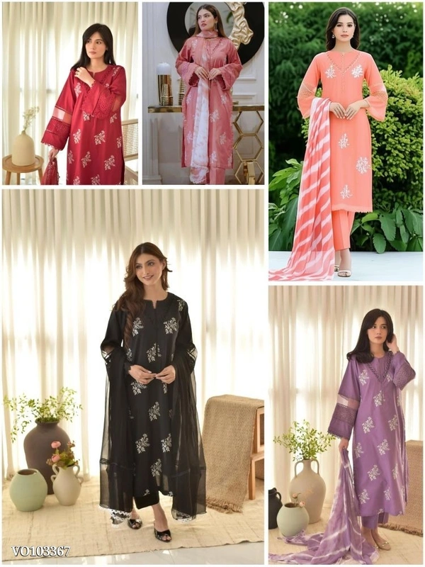 Azorte Fashion N Roman Silk Embroidered Suit Set with GPO Lace & Silver Chiffon Dupatta – Fully Stitched - Japonica, L 40