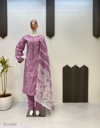 Azorte Fashion N Roman Silk Embroidered Suit Set with GPO Lace & Silver Chiffon Dupatta – Fully Stitched - Japonica, L 40