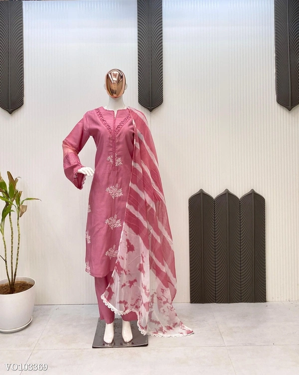 Azorte Fashion N Roman Silk Embroidered Suit Set with GPO Lace & Silver Chiffon Dupatta – Fully Stitched - Turkish Rose, M 38