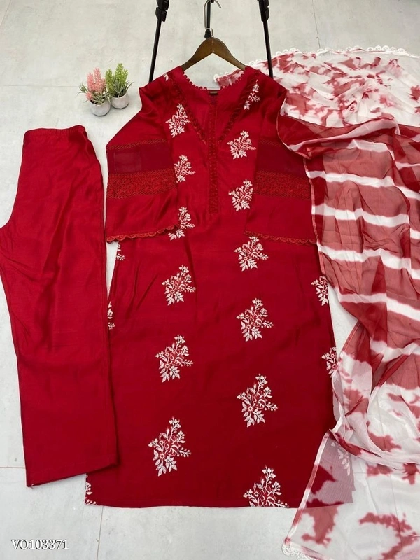 Azorte Fashion N Roman Silk Embroidered Suit Set with GPO Lace & Silver Chiffon Dupatta – Fully Stitched - Red, M 38