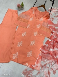 Azorte Fashion N Roman Silk Embroidered Suit Set with GPO Lace & Silver Chiffon Dupatta – Fully Stitched - Japonica, M 38