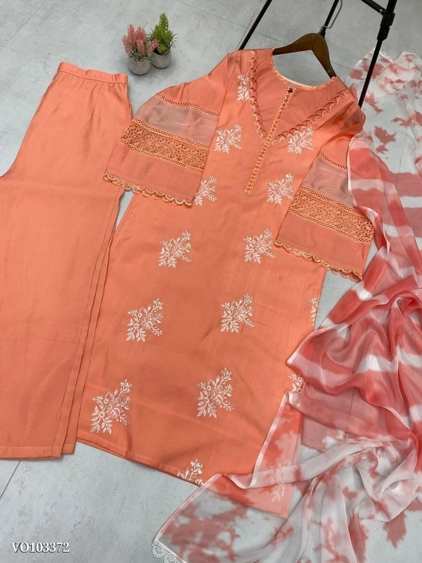 Azorte Fashion N Roman Silk Embroidered Suit Set with GPO Lace & Silver Chiffon Dupatta – Fully Stitched - Japonica, M 38