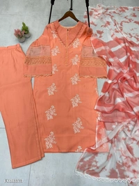 Azorte Fashion N Roman Silk Embroidered Suit Set with GPO Lace & Silver Chiffon Dupatta – Fully Stitched - Japonica, M 38