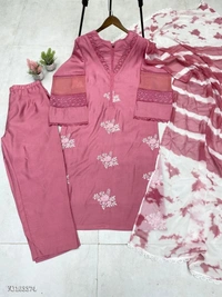 Azorte Fashion N Roman Silk Embroidered Suit Set with GPO Lace & Silver Chiffon Dupatta – Fully Stitched - Turkish Rose, M 38