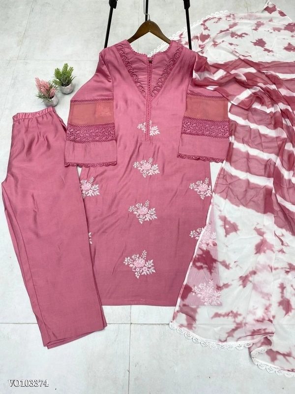 Azorte Fashion N Roman Silk Embroidered Suit Set with GPO Lace & Silver Chiffon Dupatta – Fully Stitched - Turkish Rose, M 38