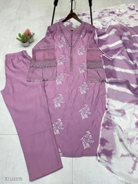 Azorte Fashion N Roman Silk Embroidered Suit Set with GPO Lace & Silver Chiffon Dupatta – Fully Stitched - Japonica, L 40