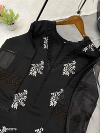 Azorte Fashion N Roman Silk Embroidered Suit Set with GPO Lace & Silver Chiffon Dupatta – Fully Stitched - Black, M 38