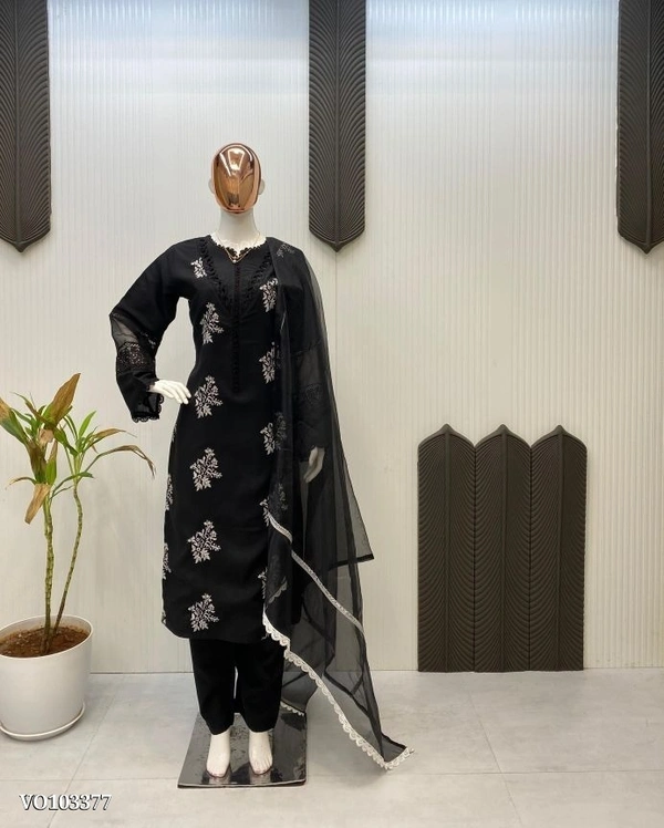 Azorte Fashion N Roman Silk Embroidered Suit Set with GPO Lace & Silver Chiffon Dupatta – Fully Stitched - Black, M 38