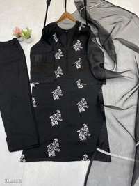 Azorte Fashion N Roman Silk Embroidered Suit Set with GPO Lace & Silver Chiffon Dupatta – Fully Stitched - Black, M 38