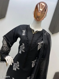 Azorte Fashion N Roman Silk Embroidered Suit Set with GPO Lace & Silver Chiffon Dupatta – Fully Stitched - Black, M 38