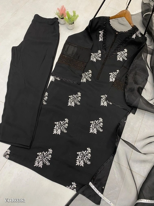 Azorte Fashion N Roman Silk Embroidered Suit Set with GPO Lace & Silver Chiffon Dupatta – Fully Stitched - Black, M 38
