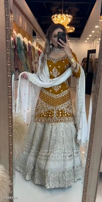 Azorte Fashion N Chinnon Silk Lehenga Set with Multi-Needle Embroidery, Zari & Sequin Work – Fully Stitched Top & Lehenga with Dupatta (M to XXL) | Made in India - XXXL 46