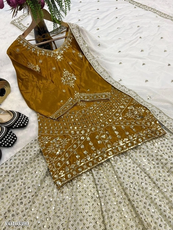 Azorte Fashion N Chinnon Silk Lehenga Set with Multi-Needle Embroidery, Zari & Sequin Work – Fully Stitched Top & Lehenga with Dupatta (M to XXL) | Made in India - XXXL 46