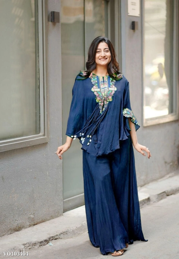 Air Tex Chinon Co-Ord Set with Sequin Embroidery & Kodi Latkan – Free Size Stitched Blouse, Top & Palazzo (Up to XXL Margin) | Made in India