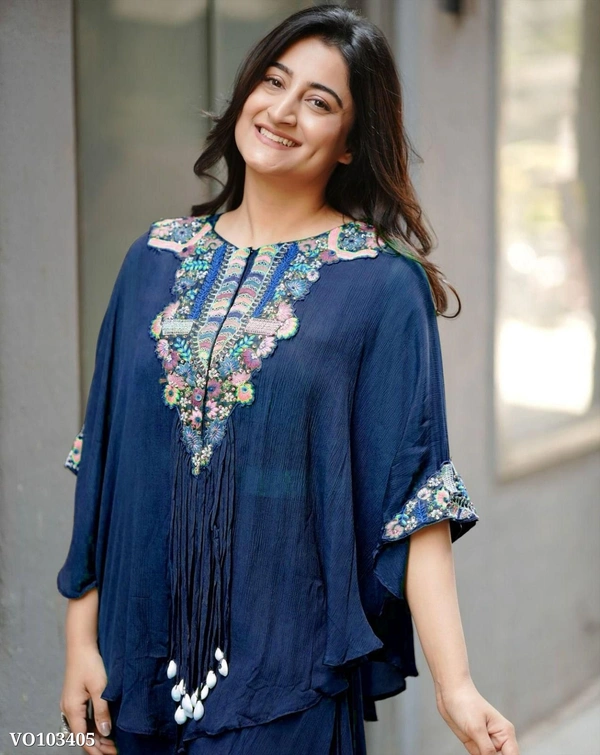 Azorte Fashion N Air Tex Chinon Co-Ord Set with Sequin Embroidery & Kodi Latkan – Free Size Stitched Blouse, Top & Palazzo (Up to XXL Margin) | Made in India - Free