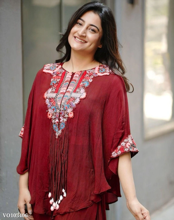 Air Tex Chinon Co-Ord Set with Sequin Embroidery & Kodi Latkan – Free Size Stitched Blouse, Top & Palazzo (Up to XXL Margin) | Made in India
