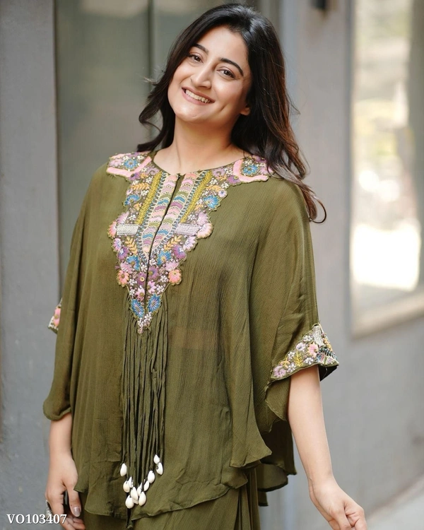 Azorte Fashion N Air Tex Chinon Co-Ord Set with Sequin Embroidery & Kodi Latkan – Free Size Stitched Blouse, Top & Palazzo (Up to XXL Margin) | Made in India - XXL 44