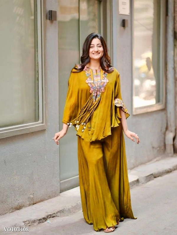 Azorte Fashion N Air Tex Chinon Co-Ord Set with Sequin Embroidery & Kodi Latkan – Free Size Stitched Blouse, Top & Palazzo (Up to XXL Margin) | Made in India - XL 42