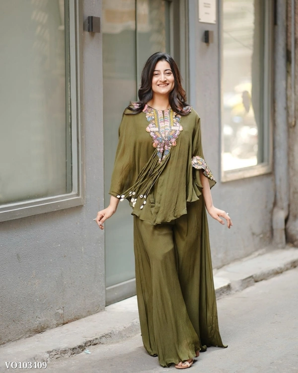 Azorte Fashion N Air Tex Chinon Co-Ord Set with Sequin Embroidery & Kodi Latkan – Free Size Stitched Blouse, Top & Palazzo (Up to XXL Margin) | Made in India - XXL 44