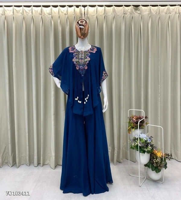 Azorte Fashion N Air Tex Chinon Co-Ord Set with Sequin Embroidery & Kodi Latkan – Free Size Stitched Blouse, Top & Palazzo (Up to XXL Margin) | Made in India - Free
