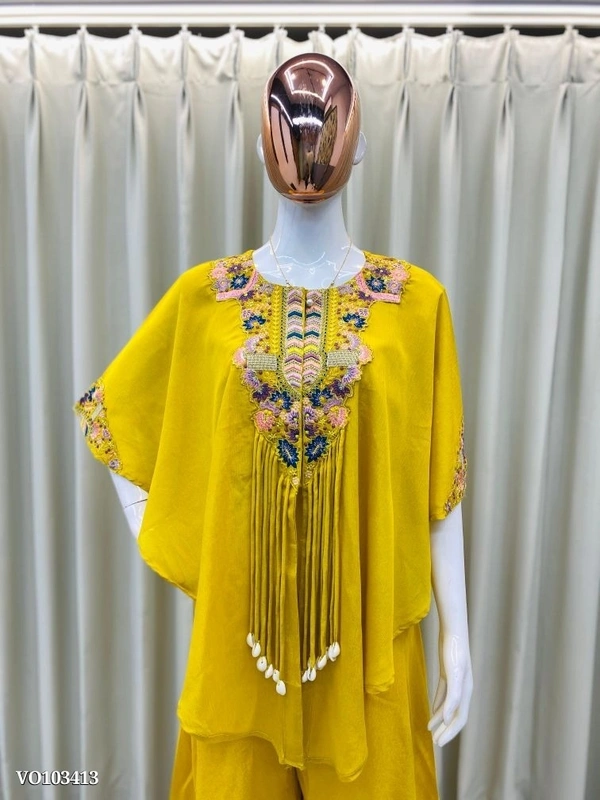 Azorte Fashion N Air Tex Chinon Co-Ord Set with Sequin Embroidery & Kodi Latkan – Free Size Stitched Blouse, Top & Palazzo (Up to XXL Margin) | Made in India - XL 42