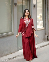 Azorte Fashion N Air Tex Chinon Co-Ord Set with Sequin Embroidery & Kodi Latkan – Free Size Stitched Blouse, Top & Palazzo (Up to XXL Margin) | Made in India - XXL 44
