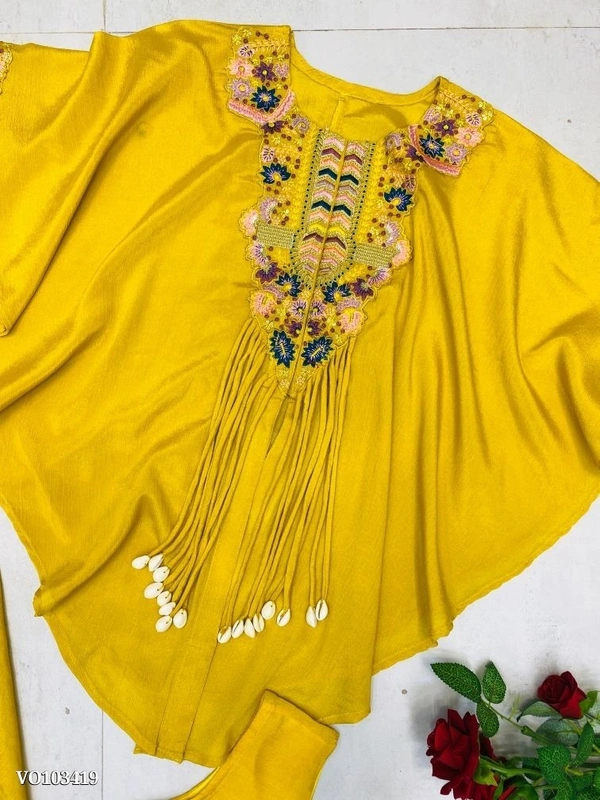 Azorte Fashion N Air Tex Chinon Co-Ord Set with Sequin Embroidery & Kodi Latkan – Free Size Stitched Blouse, Top & Palazzo (Up to XXL Margin) | Made in India - XL 42