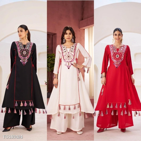 Azorte Fashion N Rayon Cord-Set Suit with Thread & Real Mirror Work, Tassel Detailing – Fully Stitched - White, L 40