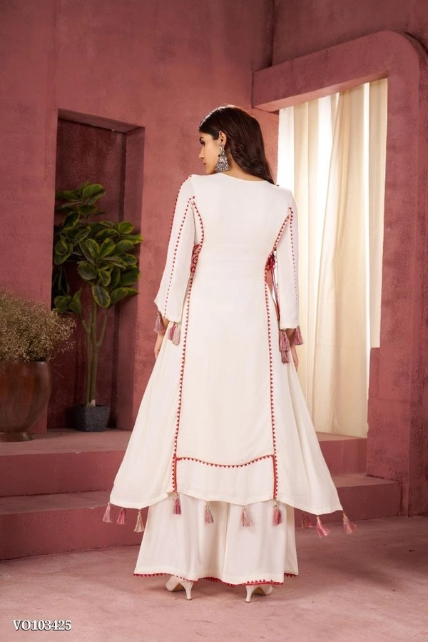 Azorte Fashion N Rayon Cord-Set Suit with Thread & Real Mirror Work, Tassel Detailing – Fully Stitched - White, M 38