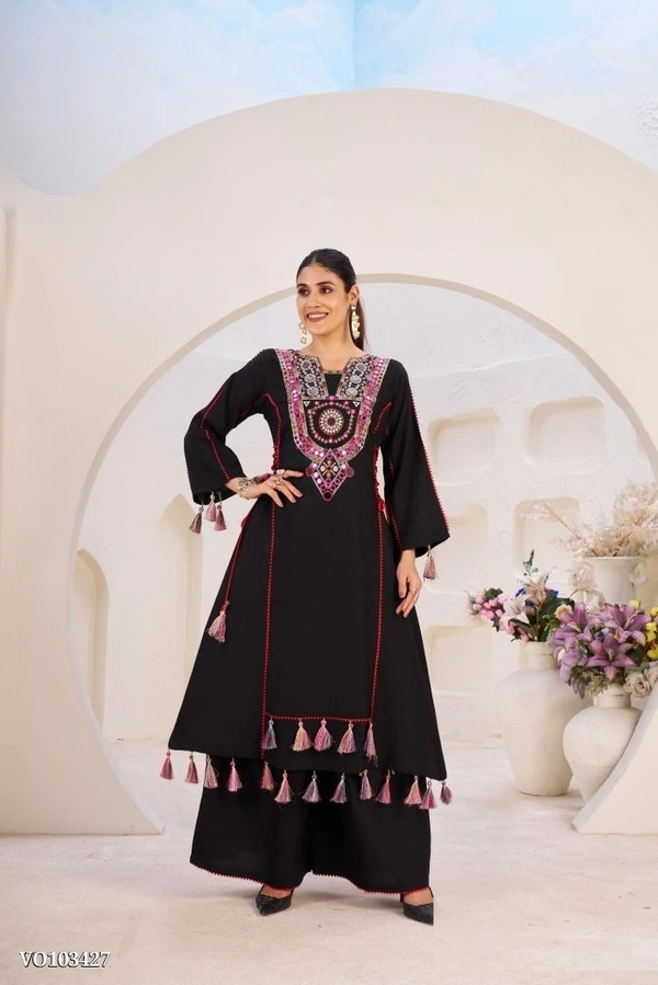 Azorte Fashion N Rayon Cord-Set Suit with Thread & Real Mirror Work, Tassel Detailing – Fully Stitched - Black, M 38